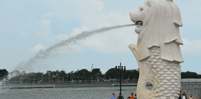 Iconic Sentosa Merlion Statue with Singapore Skyline